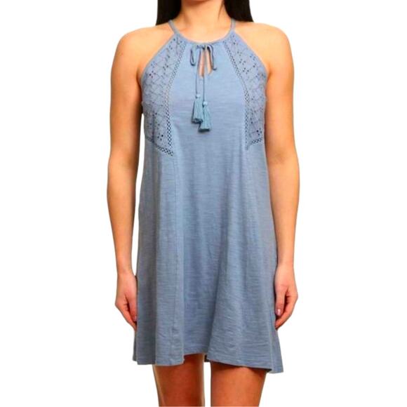 Roxy Women’s Medium Blue Cotton V-Neck Embroidered Sleeveless Mini Dress - Picture 1 of 14